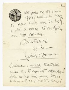 Gabriele D'Annunzio - Lettera autografa firmata inviata al Comm. Giovanni Rizzo.