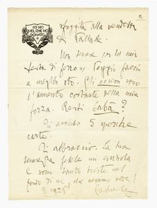 Gabriele D'Annunzio - Lettera autografa firmata inviata a Maria D'Annunzio.