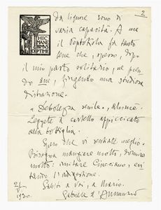 Gabriele D'Annunzio - Lettera autografa firmata inviata a Letizia De Felici.