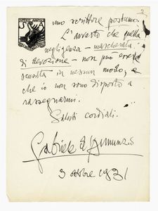 Gabriele D'Annunzio - Lettera autografa firmata inviata al Comm. Giovanni Rizzo.
