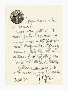 Gabriele D'Annunzio - Lettera autografa siglata inviata a Letizia De Felici.