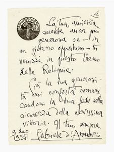 Gabriele D'Annunzio - Lettera autografa firmata inviata ad Achille Starace.