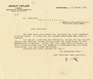 ADOLF HITLER - Lettera dattiloscritta con firma autografa inviata a 'Sr. Exzellenz von Reichenau, Burg Rotenberg. Wiesloch Land, Baden'.