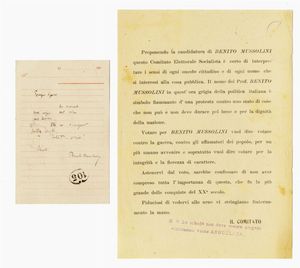 BENITO MUSSOLINI - 2 volantini stampati in occasione delle elezioni del 1913 dove si propone la candidatura di Mussolini.