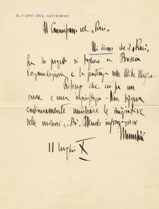 BENITO MUSSOLINI - Lettera autografa firmata inviata al Commissario del Raci (Reale Automobile Club d'Italia).