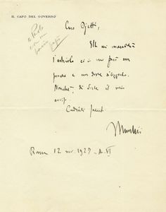 BENITO MUSSOLINI - Lettera autografa firmata inviata a Ugo Ojetti.