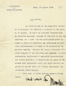 BENITO MUSSOLINI - Lettera dattiloscritta con annotazione e firma autografa inviata ad Alfredo Rocco.