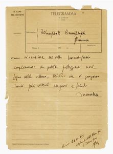 BENITO MUSSOLINI - Telegramma autografo firmato inviato ad un feldmaresciallo in Germania.