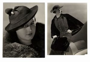 GEORGES SAAD - 2 fotografie di modelle: 1) abito Maggy Rouff; 2) cappello Suzanne Farnier.