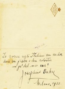 JOSEPHINE BAKER - Annotazione autografa firmata.