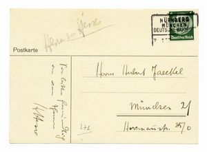 HERMANN HESSE - Cartolina autografa firmata inviata a Herbert Jaeckel, Monaco.
