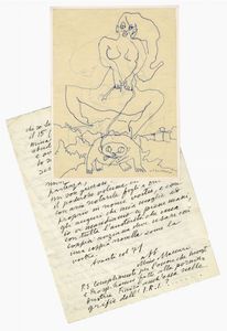 MINO MACCARI - Lettera autografa firmata inviata all'editore Igino Cerastico, insieme a 2 disegni firmati dell'artista.
