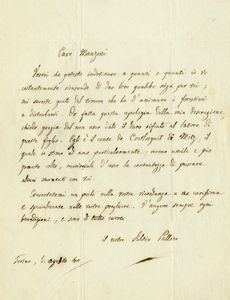 SILVIO PELLICO - Lettera autografa firmata inviata ad Alessandro Manzoni.