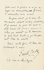 MILE ZOLA - Lettera autografa firmata inviata al giornalista Hans Barth, Berlino.