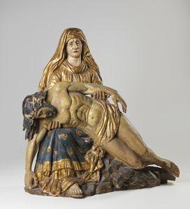 SCULTORE SPAGNOLO DEL XVI SECOLO - Imponente ''Piet'' in legno dorato e dipinto.