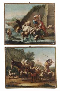 BERCHEM NICOLAES  (1620 - 1683) - Coppia di dipinti raffiguranti contadini con il loro gregge.
