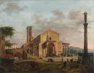 ARTISTA VENETO DELLA FINE DEL XVIII SECOLO - Paesaggio con chiesa e processione religiosa.