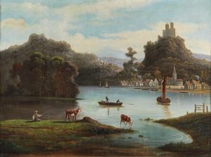 ARTISTA DEL XIX SECOLO - Veduta lacustre con barche, personaggi, animali e villaggio sullo sfondo.