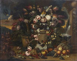 LOPEZ GASPARE (1650 - 1732) - Natura morta con fiori e frutta.