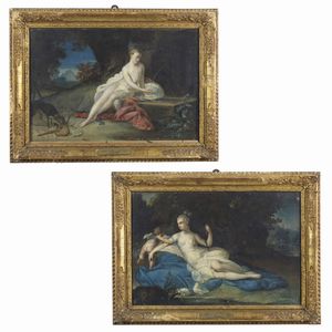 NATTIER JEAN-MARC (1685 - 1776) - Coppia di dipinti raffiguranti Venere e Cupido. Diana alla sorgente.