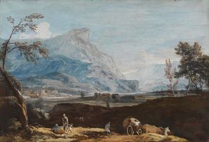 RICCI MARCO (1676 - 1729) : Paesaggio fluviale con viandanti.  - Asta ASTA 311 - ARTE ANTICA E DEL XIX SECOLO - Associazione Nazionale - Case d'Asta italiane