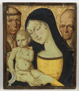 DI BARTOLOMEO DE' LANDI NEROCCIO (1447 - 1500) - Maniera di. Madonna col Bambino benedicente, S. Stefano e S. Bernardino.
