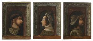 MAESTRO DI MONTICELLI (GEROLAMO BEMBO?), 1480-90 ca. - Ritratto femminile, probabilmente Bona di Savoia, duchessa di Milano.