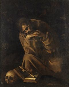 MERISI, IL CARAVAGGIO MICHELANGELO  (1571 - 1610) - Cerchia di. S. Francesco in meditazione.
