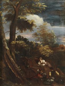 MOLA PIER FRANCESCO (1612 - 1666) - Studio di. Paesaggio con figure in vesti rinascimentali.