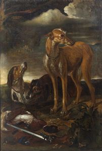 CRIVELLI ANGELO MARIA DETTO IL CRIVELLONE (1650 - 1730) - Scena di caccia con cani e cacciagione.