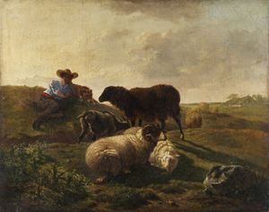 Artista inglese del XIX secolo - Paesaggio con pastore e armenti.