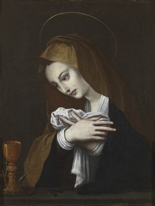 ALLORI ALESSANDRO (1535 - 1607) - Studio di. Vergine in preghiera sugli strumenti della Passione.