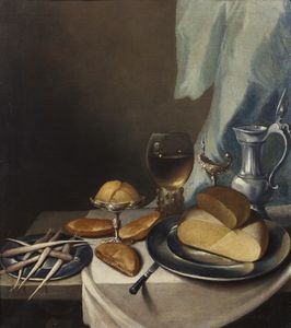 CLAESZ PIETER (1597 - 1661) - Cerchia di. Tavola imbandita con cibo e vasellame.