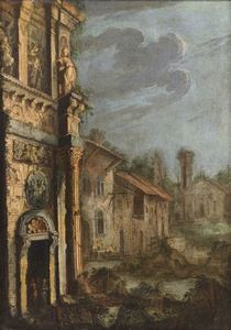 POLI GHERARDO (1674 - 1739) - Paesaggio con architetture in rovina e astanti.