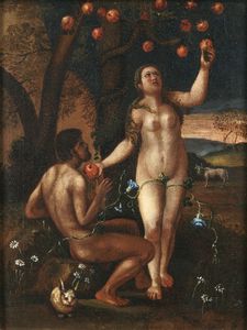 ARTISTA NORDEUROPEO DEL XVI SECOLO - Adamo ed Eva nel paradiso terrestre.
