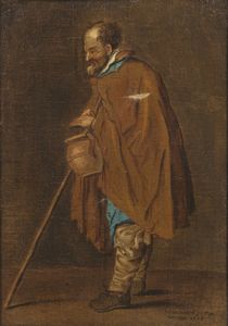 ARTISTA NORDEUROPEO DEL XVIII SECOLO - Ritratto d'uomo con brocca e bastone.