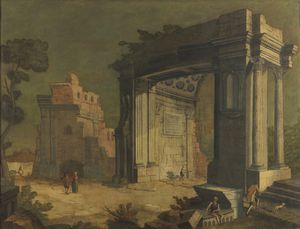 ARTISTA DEL XVIII SECOLO - Paesaggio con rovine e personaggi.