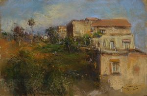 CASCIARO GIUSEPPE (1863 - 1945) : Paesaggio con case e figure.  - Asta ASTA 311 - ARTE ANTICA E DEL XIX SECOLO - Associazione Nazionale - Case d'Asta italiane