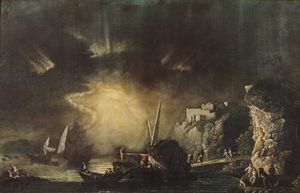 ARTISTA ITALIANO DEL XVII SECOLO - Paesaggio marino con barche e personaggi.