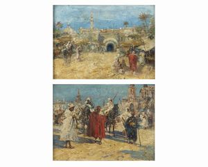 FORTUNY MARIANO (1838 - 1874) - Attribuiti a. Coppia di dipinti raffiguranti paesaggi con personaggi arabi.