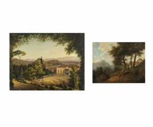 BORBOTTONI FABIO (1820 - 1901) - Coppia di dipinti raffiguranti paesaggi con figure della campagna toscana.