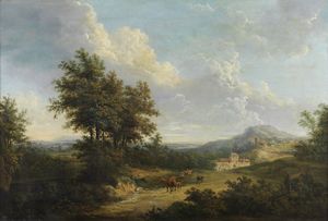 KLOMBECK JOHANN BERNARD  (1815 - 1893) - Paesaggio con bestiame, mulino e castello.