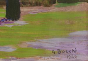 BOCCHI AMEDEO (1883 - 1976) : Paesaggio con case e alberi.  - Asta ASTA 311 - ARTE ANTICA E DEL XIX SECOLO - Associazione Nazionale - Case d'Asta italiane