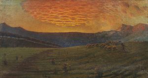CAPRINI EUGENIO (1875 - 1932) - Attribuito a. Paesaggio montano con greggi al tramonto.