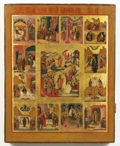 Icona russa del XIX secolo - Resurrezione e discesa agli inferi di Cristo con dodici feste.