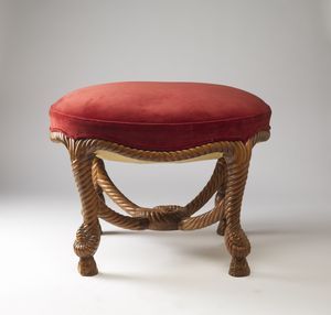 FOURNIER (XIX-XX SECOLO) A.M.E. - Alla maniera di. Sgabello in legno intagliato, seduta con imbottitura in velluto rosso con base a corda.