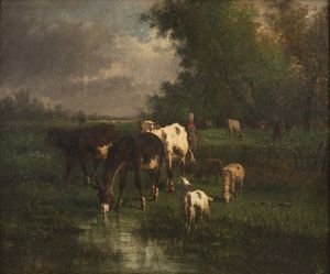 GIUSEPPE PALIZZI Lanciano (CH) 1812 - 1888 F - L'abbeverata nella foresta di Fontainebleau
