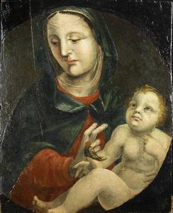 PITTORE ANONIMO - Madonna con Bambino e uccellino XV secolo