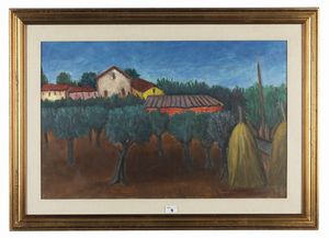 CERACCHINI GISBERTO (1899 - 1982) - Paesaggio con covoni e ulivi.