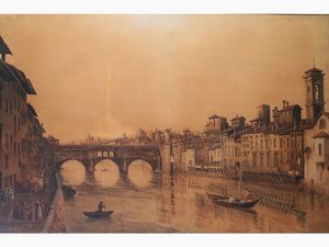 Da Bernardo Bellotto, XIX/XX secolo : L'Arno a Firenze con il Ponte Vecchio  - Asta Arredi e Dipinti di Palazzo al Bosco - Associazione Nazionale - Case d'Asta italiane